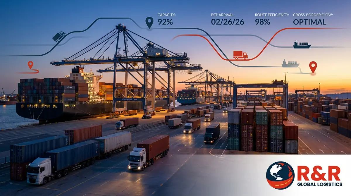 Container ships and trucks at port illustrating February 2026 capacity pressure and freight realignment.