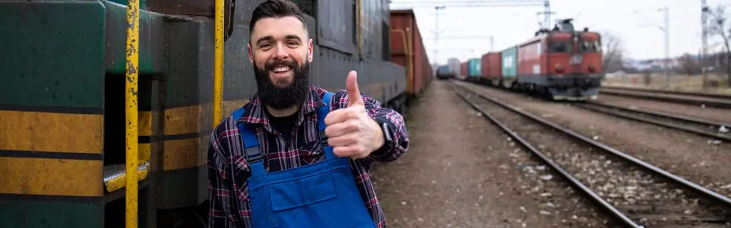 Smiling rail yard worker giving a thumbs up beside a freight train