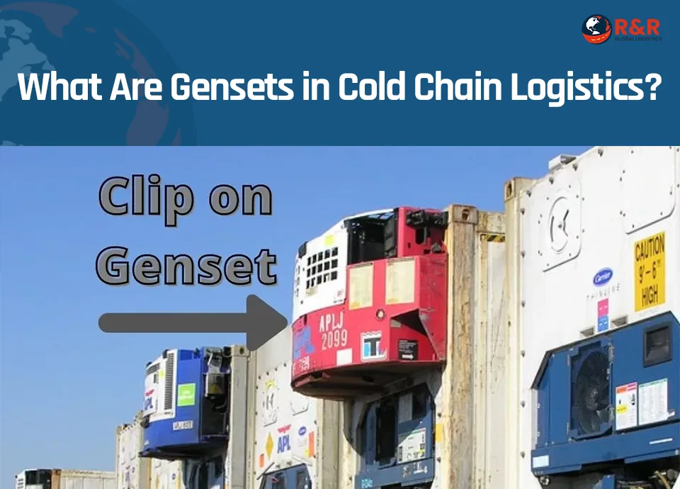 Genset powering a refrigerated container in a logistics hub.