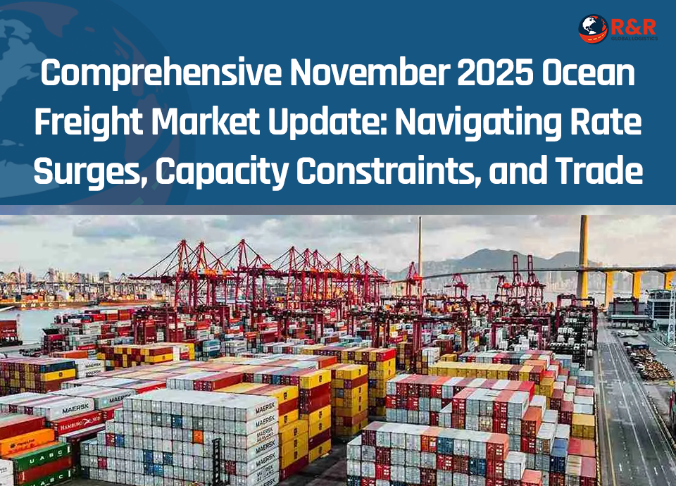 A large container ship at a hectic port terminal, representing global shipping operations and challenges facing the ocean freight market in November 2025.