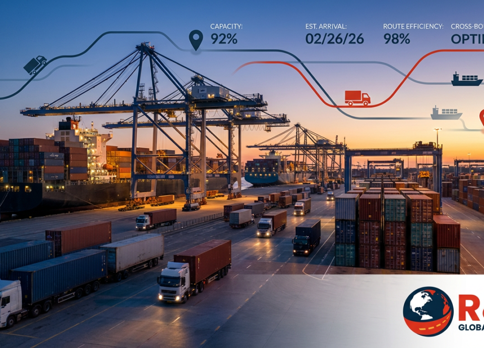 Container ships and trucks at port illustrating February 2026 capacity pressure and freight realignment.