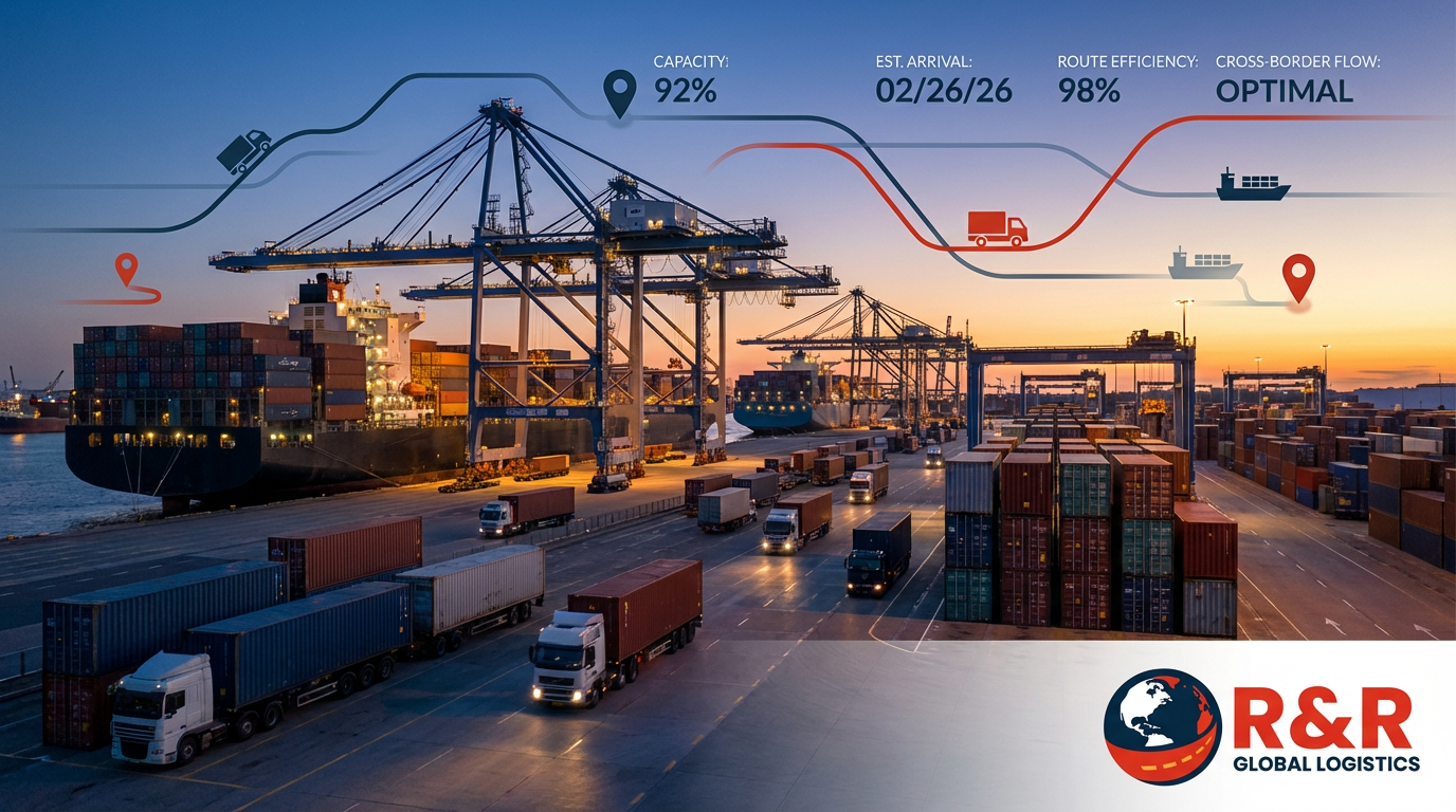 Container ships and trucks at port illustrating February 2026 capacity pressure and freight realignment.